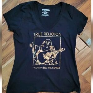 True Religion Women's Gold Metallic Buddha Logo V Neck Tee T-Shirt LARGE Nwt